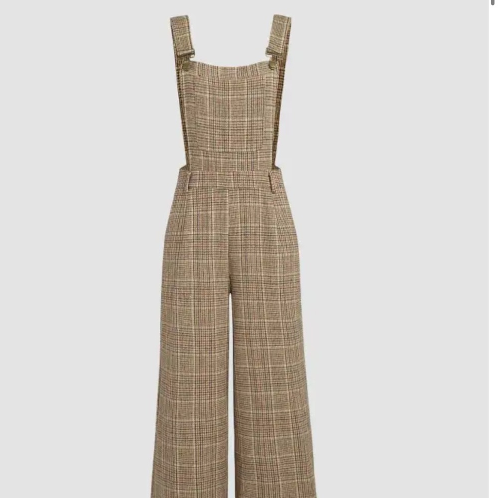 Cider Houndstooth Square Neck Buckle Up Jumpsuit Romper Overalls Flare legs Wide
